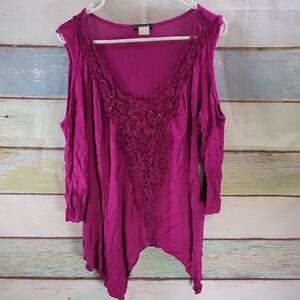 Venus Fuchsia Cold-Shoulder Crochet Sequin Top